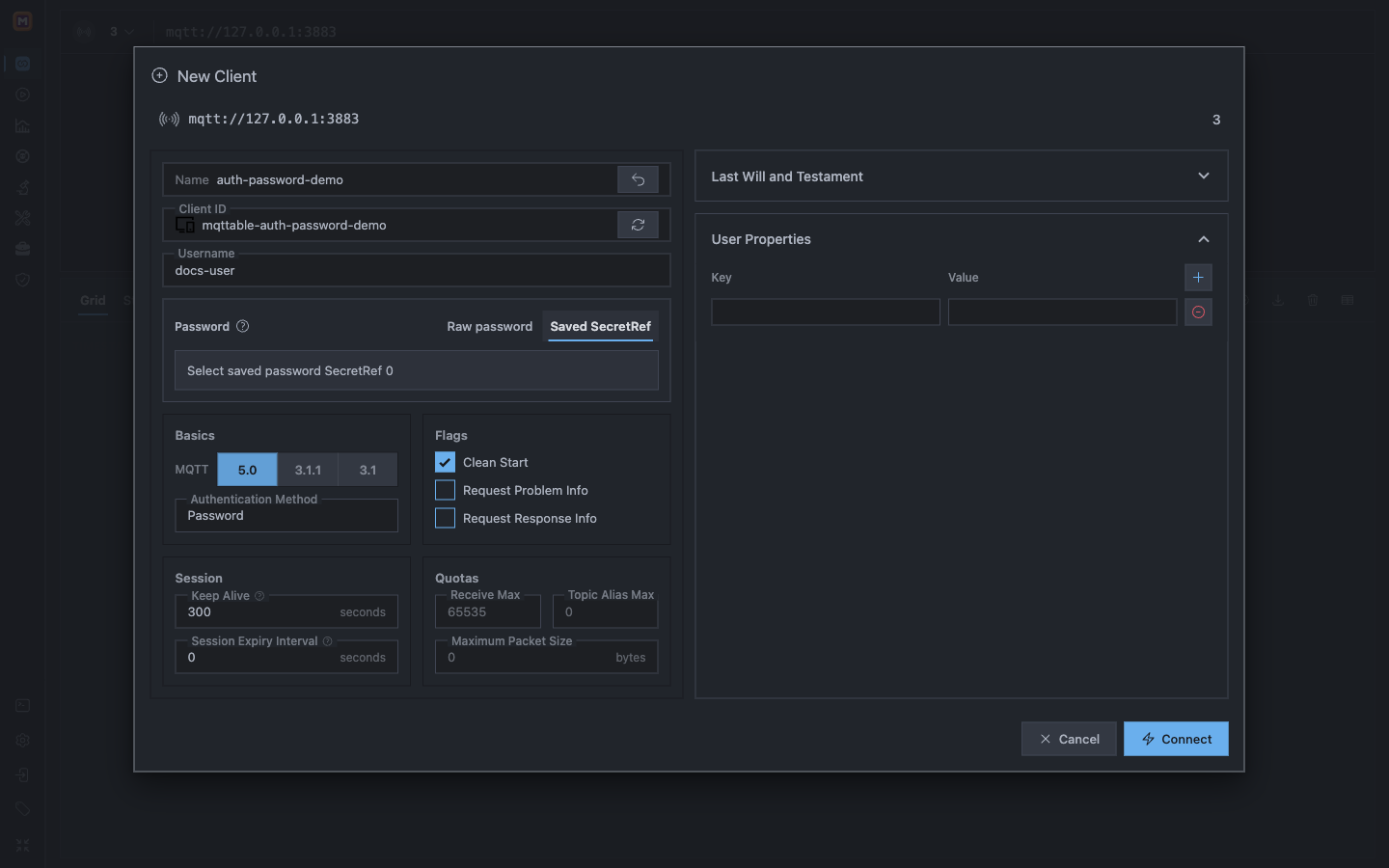 Mqttable New Client form using MQTT 5 Password authentication with a saved password SecretRef