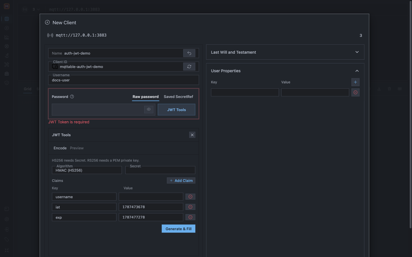 Mqttable New Client JWT Tools showing HS256 signing input and editable username, issued-at, and expiry claims