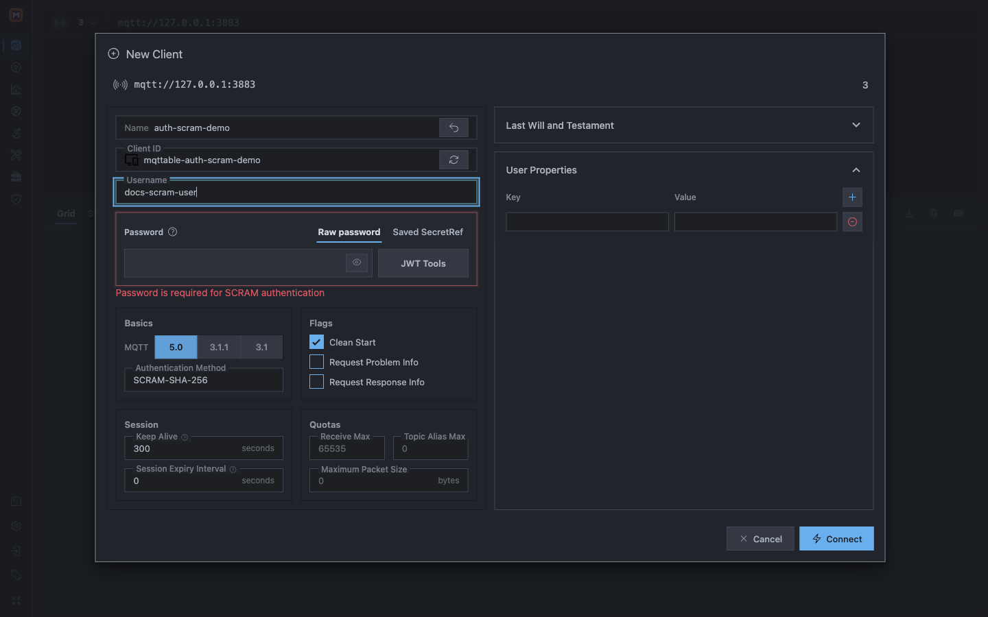 Mqttable New Client form using MQTT 5 SCRAM-SHA-256 and showing that a password is required