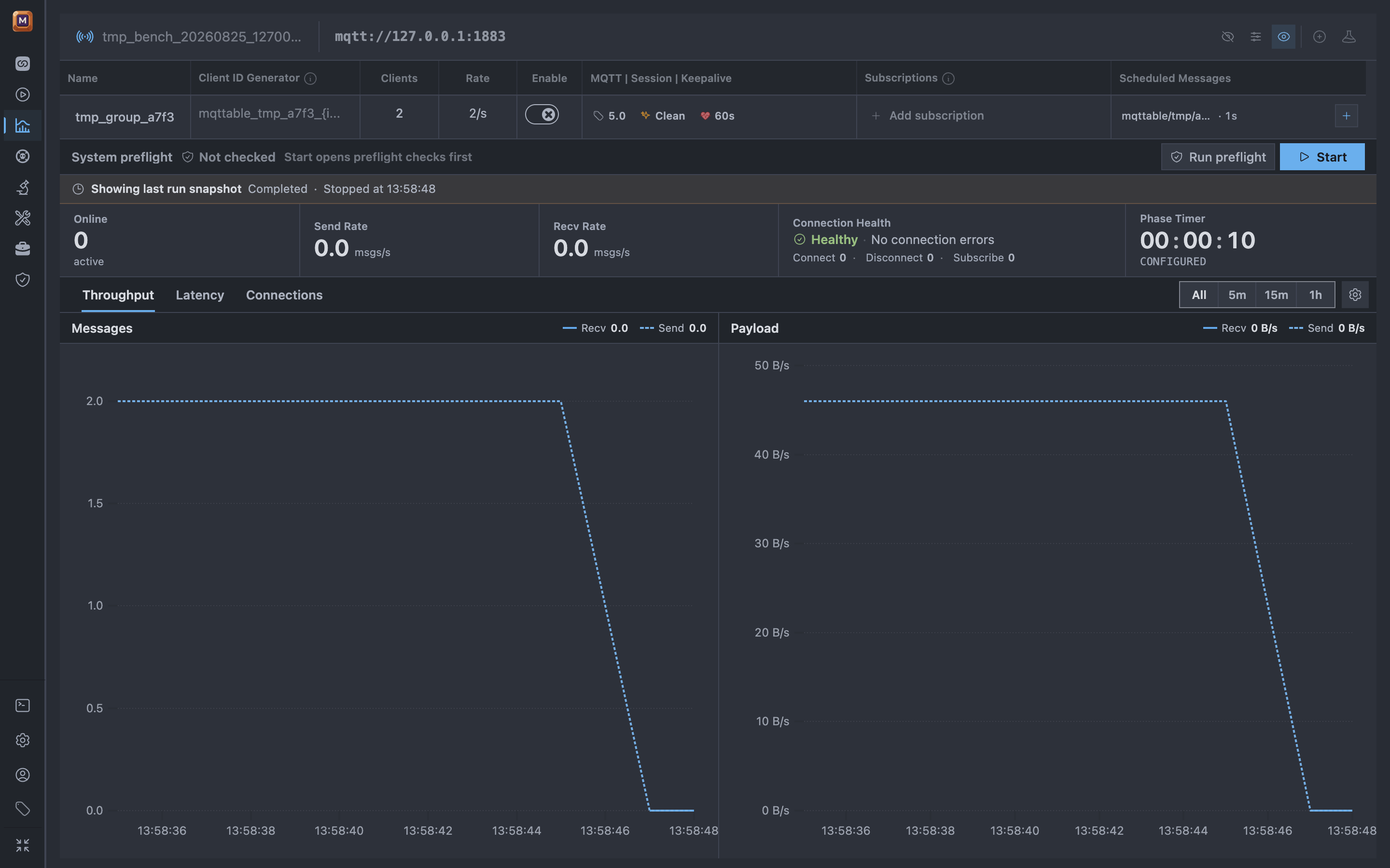Mqttable Benchmark result in One Dark Pro and Zen Mode showing the stopped run with throughput, connection, and error metrics