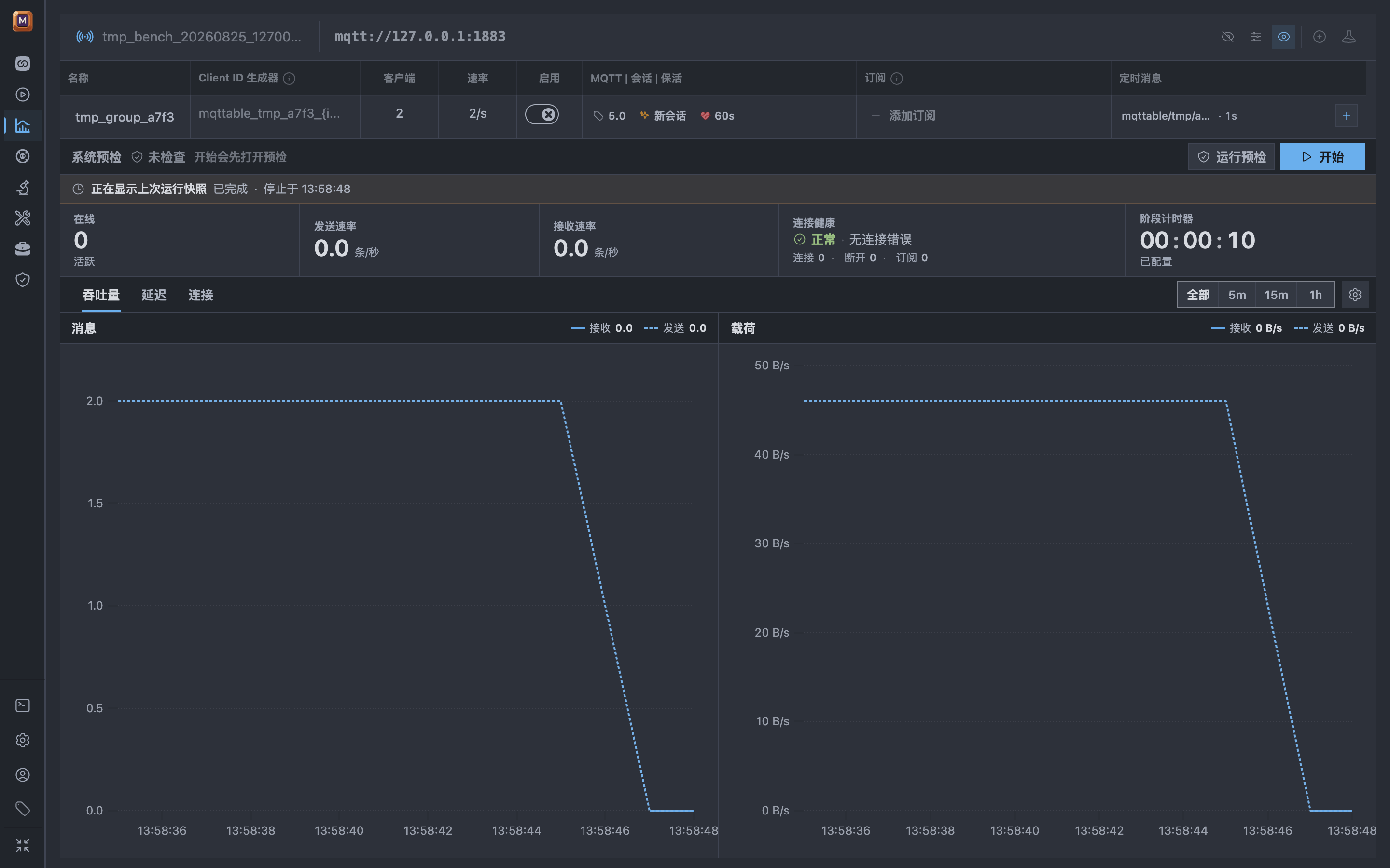 Mqttable 中文 Benchmark 在 One Dark Pro 与 Zen 模式中显示已停止任务的吞吐、连接和错误指标
