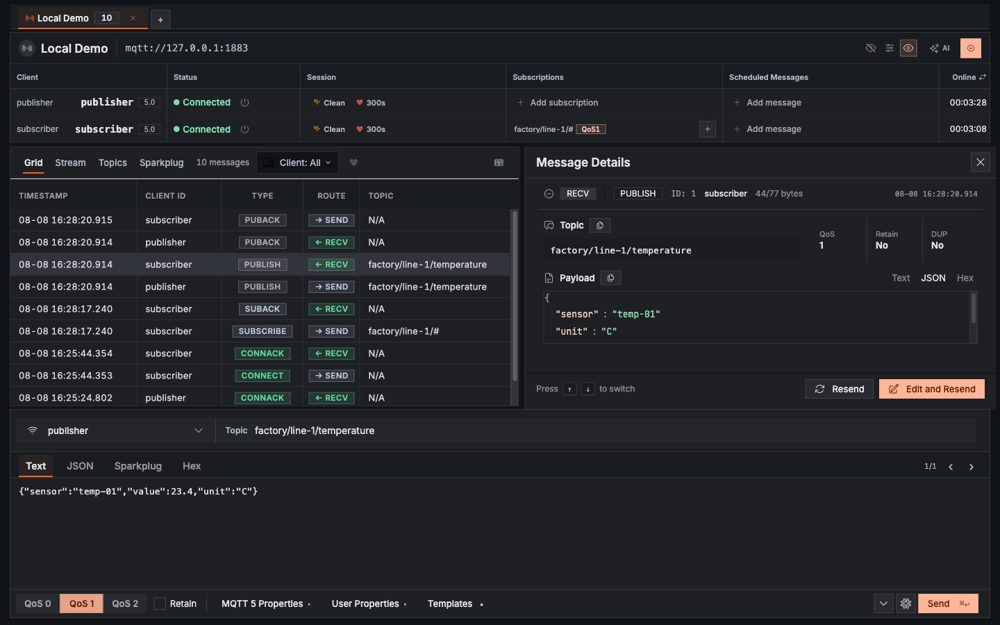 Mqttable window showing two connected MQTT clients, a message trace, selected message details, and resend controls.