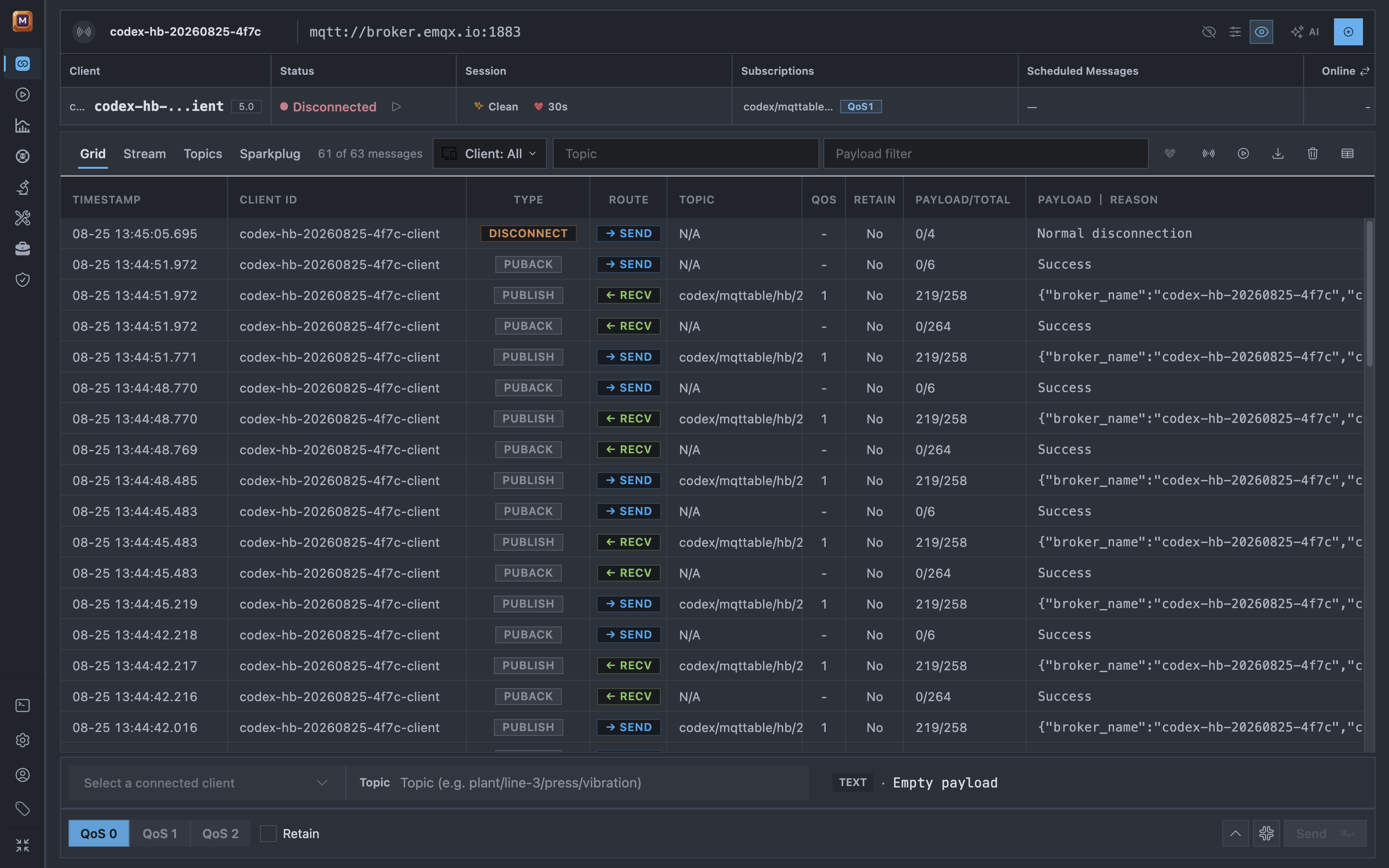 Mqttable in One Dark Pro and Zen Mode showing a disconnected MQTT 5.0 heartbeat Connection and matching sent and received messages