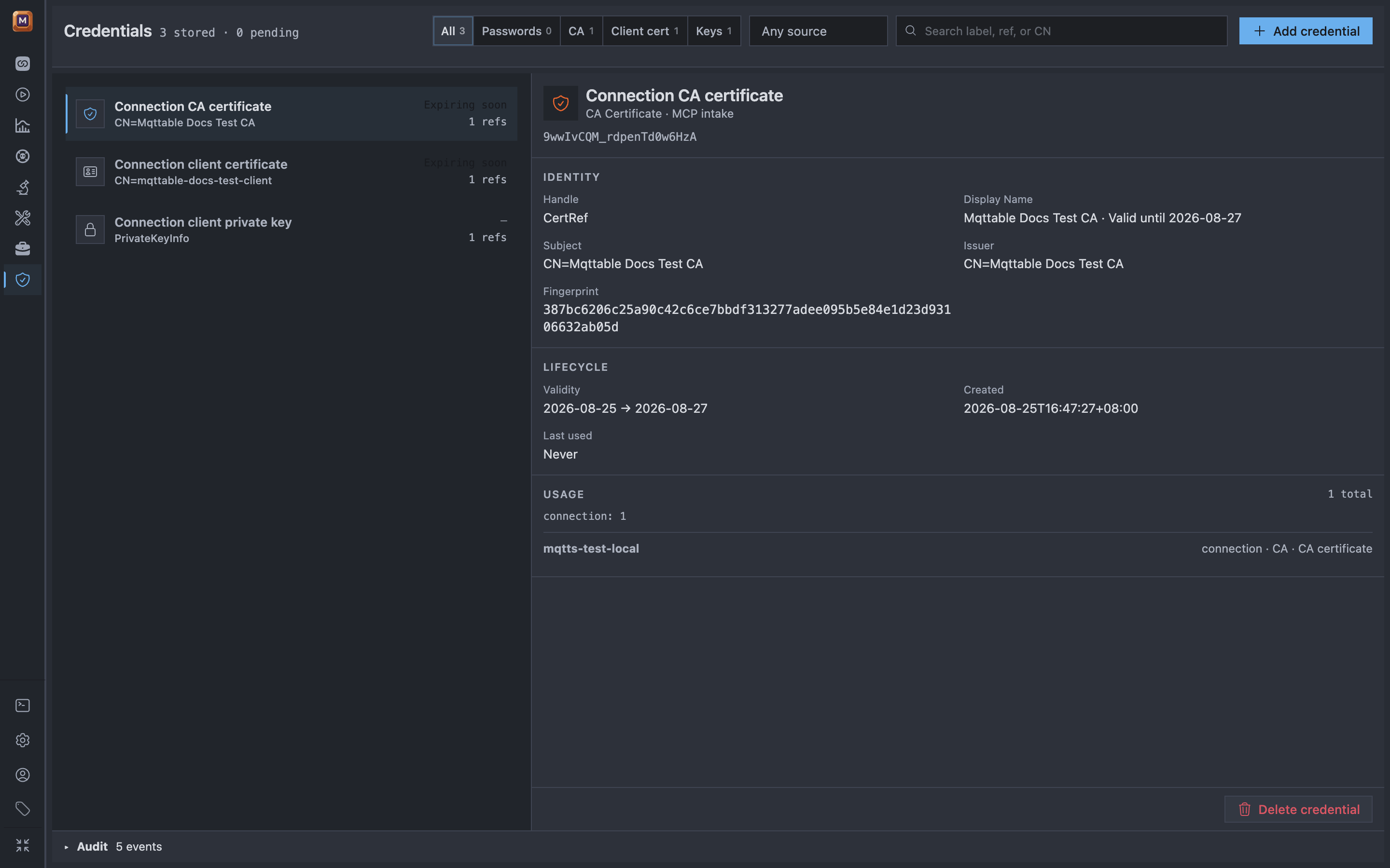 Mqttable Credentials in One Dark Pro and Zen Mode showing stored CA, client certificate, and private-key references linked to the test Connection
