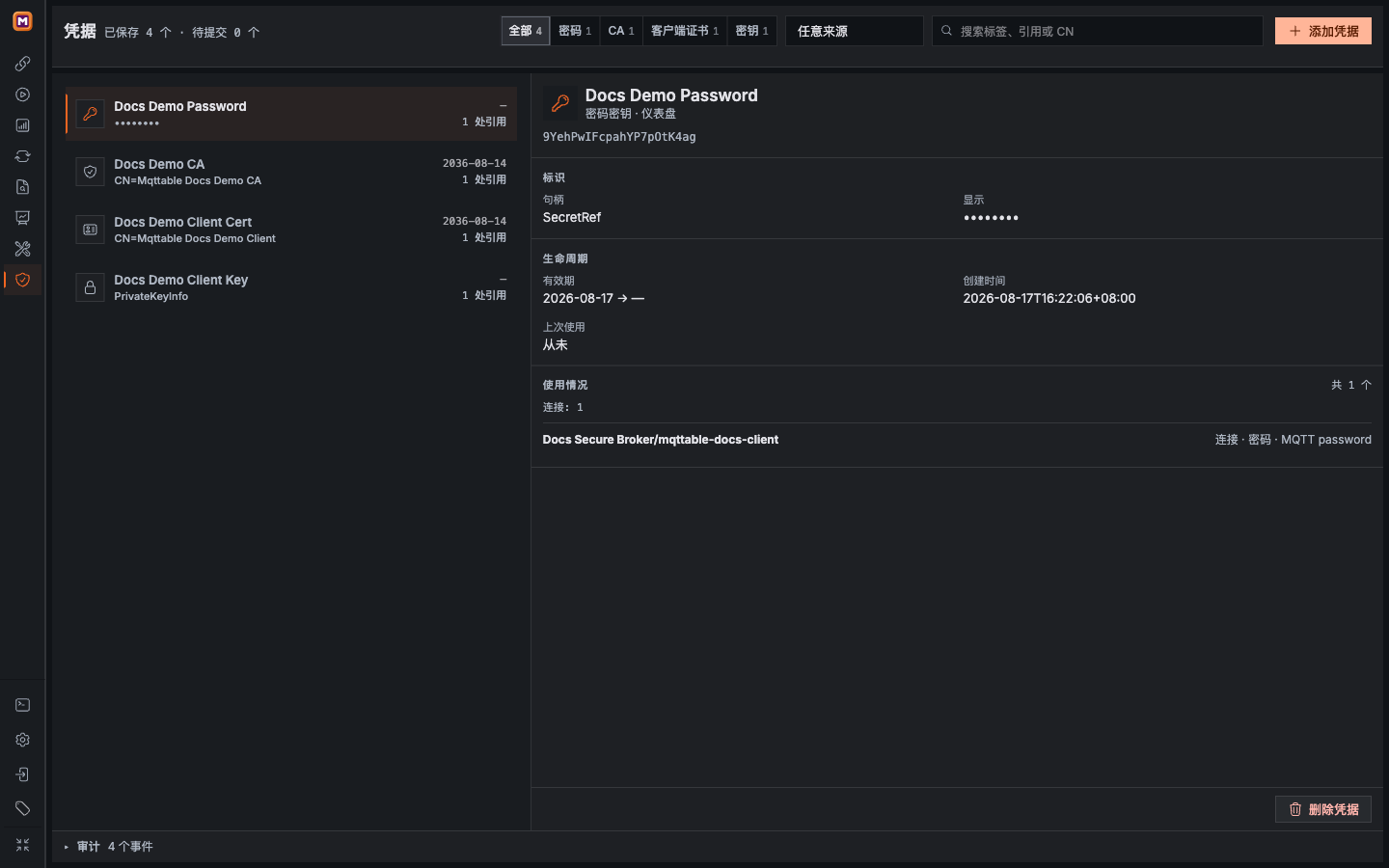 Mqttable Credentials 页面展示 Password、CA、客户端证书和私钥四类引用,以及 Password Secret 的使用关系