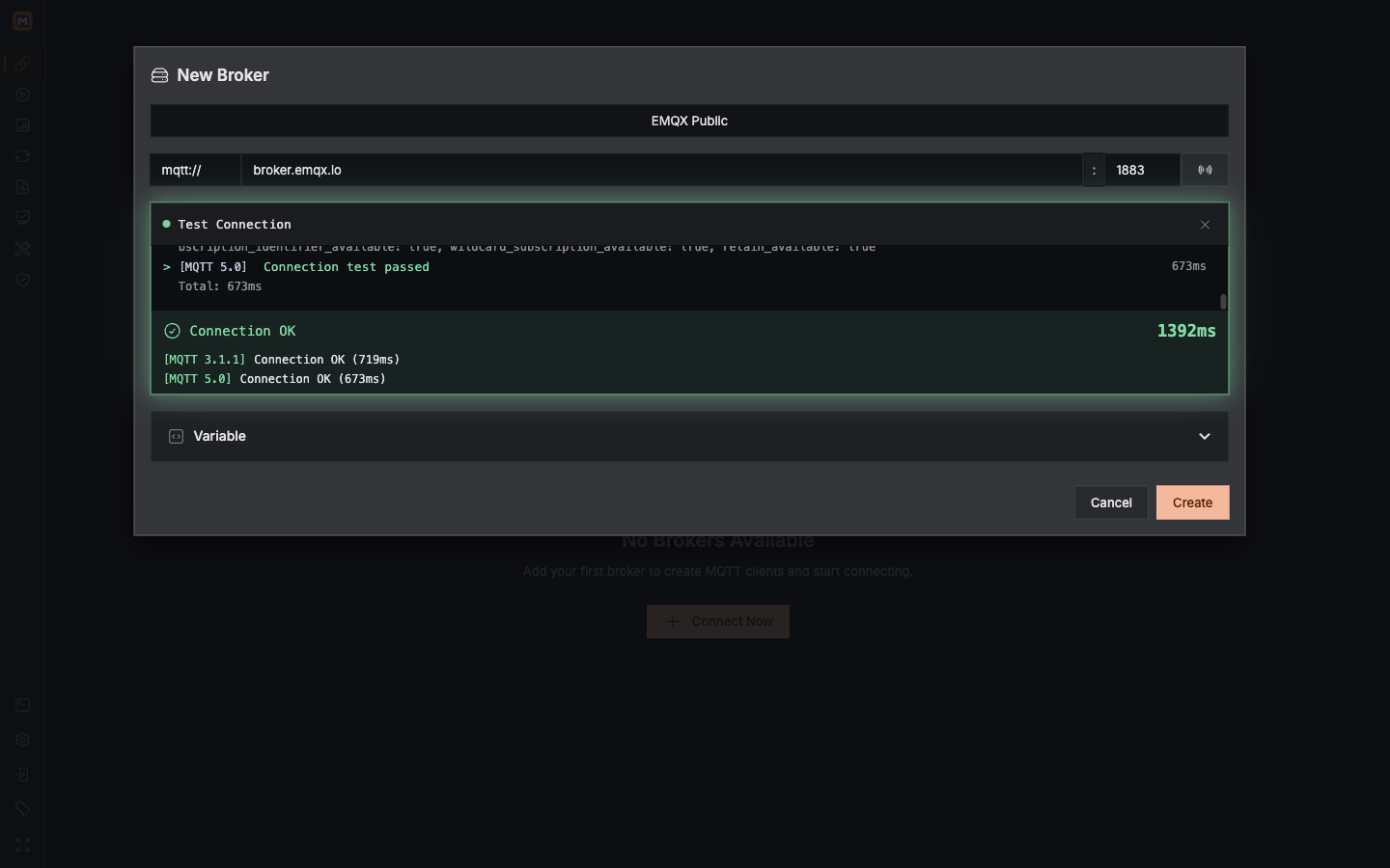 Mqttable New Broker form showing broker.emqx.io on MQTT port 1883 with successful MQTT 3.1.1 and 5.0 connection tests