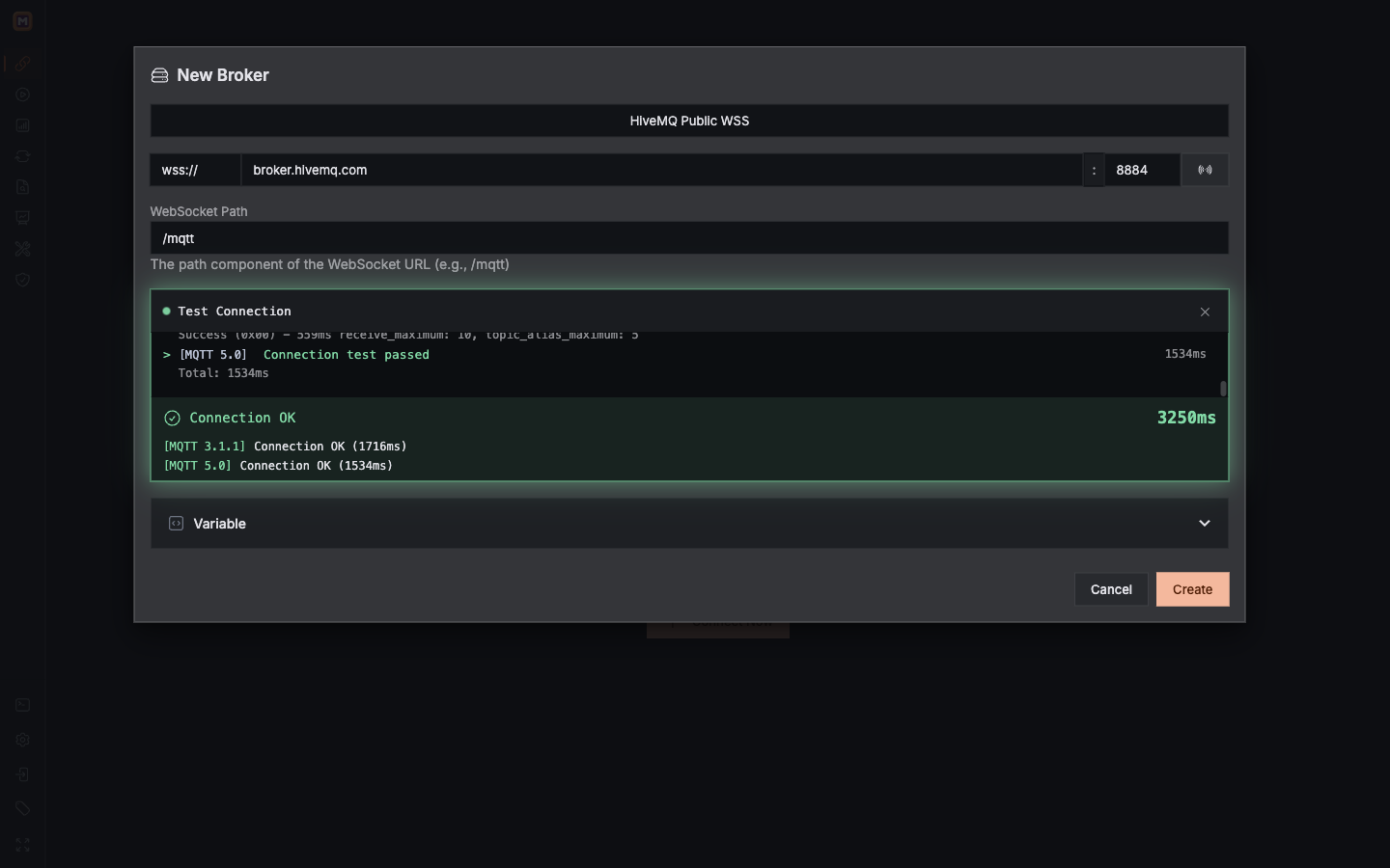Mqttable New Broker form showing HiveMQ WSS on port 8884 and path /mqtt with successful MQTT 3.1.1 and 5.0 tests