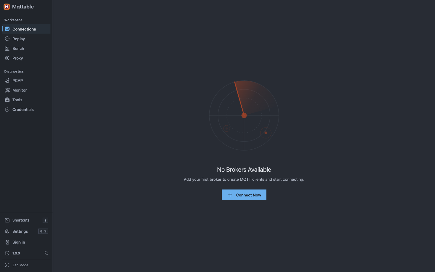 Clean Mqttable Local Runtime workspace showing No Brokers Available and Connect Now