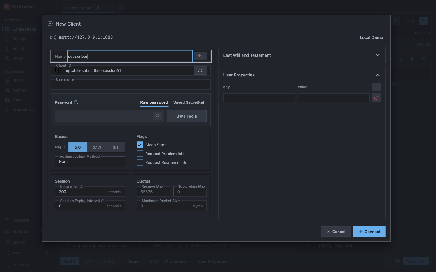 Mqttable New Client form for subscriber while publisher is already connected to Local Demo