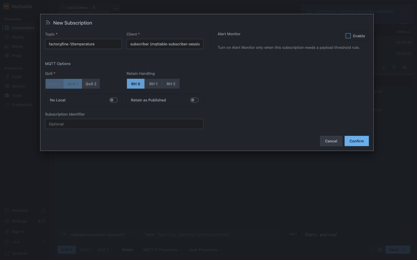 Mqttable New Subscription form selecting subscriber, factory line temperature Topic, and QoS 1