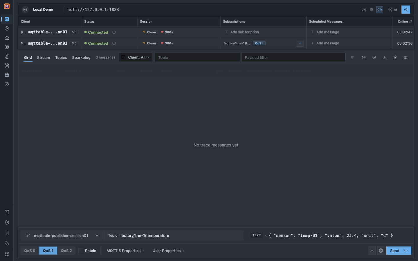 Mqttable showing two connected clients, the active subscription, an empty unfiltered Trace, and the JSON message ready to send
