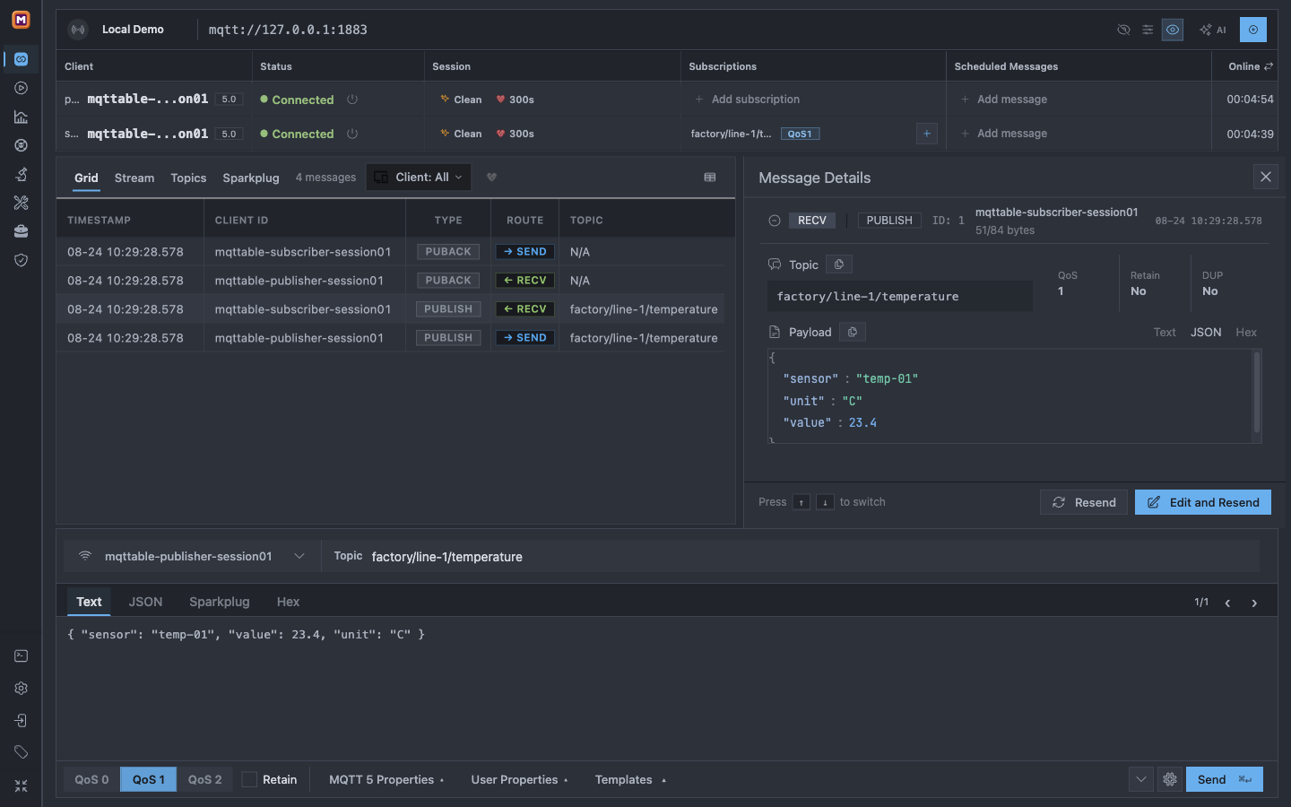 Mqttable showing the selected subscriber PUBLISH row and Message Details with the Topic, QoS 1 metadata, and JSON Payload