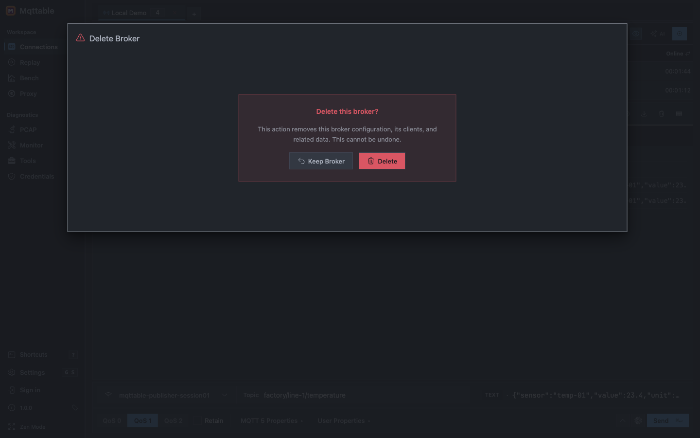 Mqttable Delete Broker confirmation explaining that the Broker configuration, clients, and related data will be removed