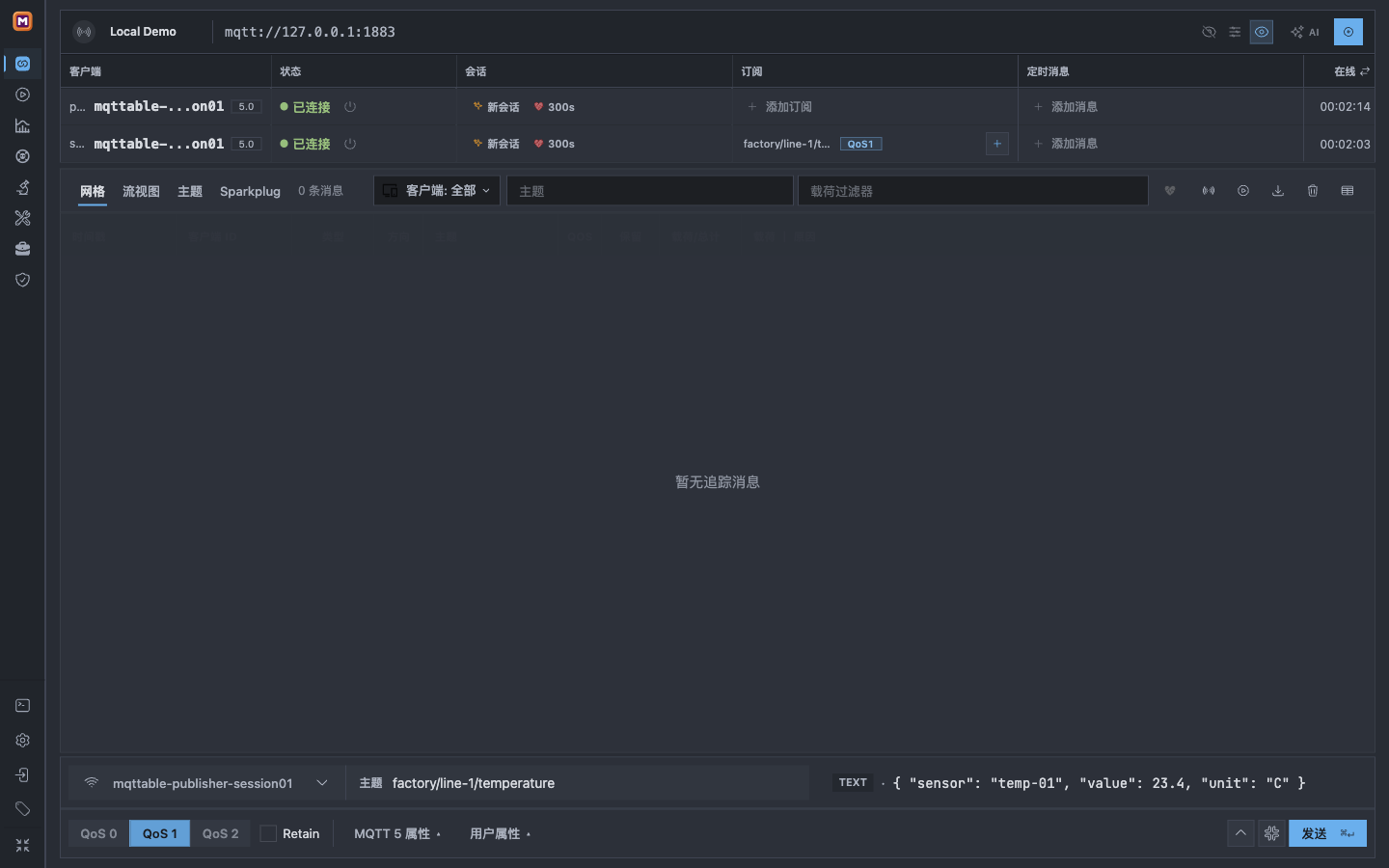 Mqttable 显示两个已连接客户端、生效订阅、未过滤的空 Trace 和待发送 JSON 消息