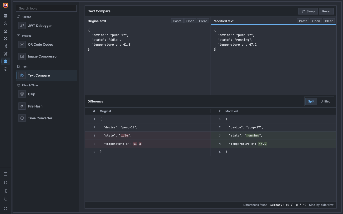 Text Compare showing two changed values between synthetic JSON payloads