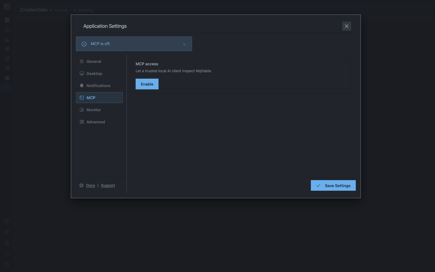 Mqttable Application Settings with the MCP section selected and MCP access disabled