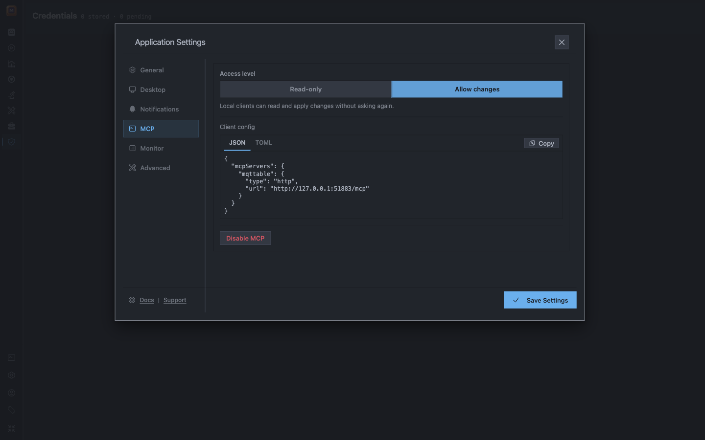 Mqttable MCP settings with Allow changes selected and the URL-only JSON Client config visible