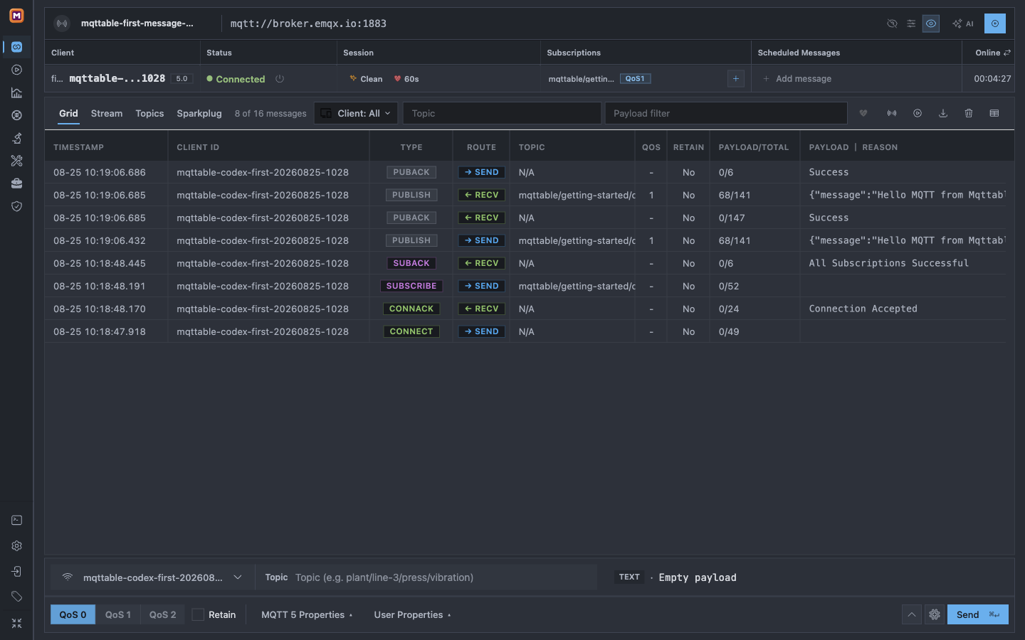 Mqttable Connections in One Dark Pro and Zen Mode showing a connected MQTT 5.0 client, a QoS 1 subscription, and matching sent and received MQTT packets