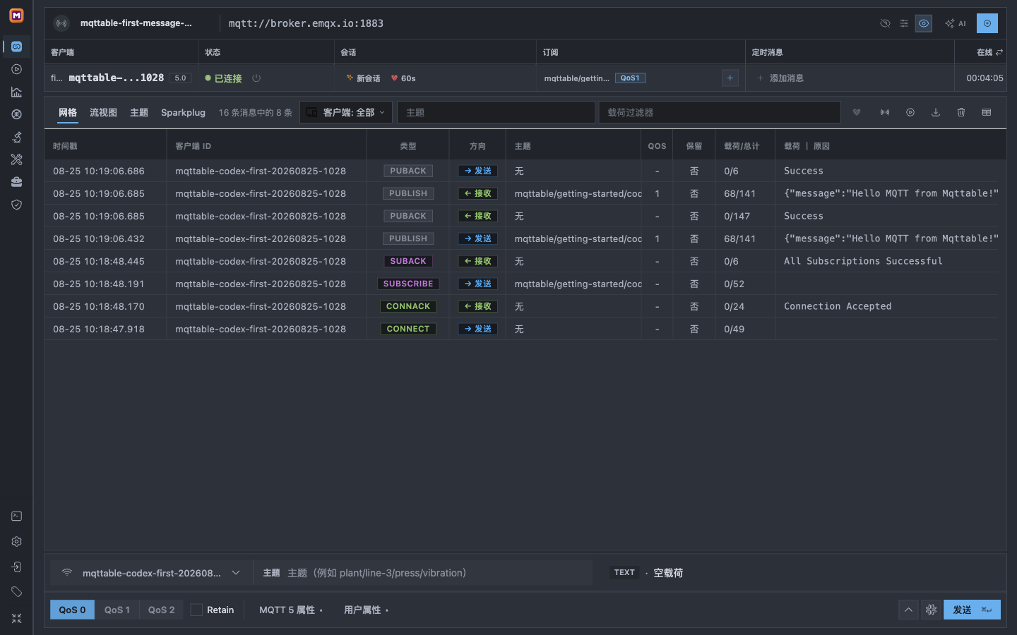 Mqttable 使用 One Dark Pro 和 Zen Mode 显示已连接的 MQTT 5.0 客户端、QoS 1 订阅,以及匹配的 MQTT 发送与接收数据包