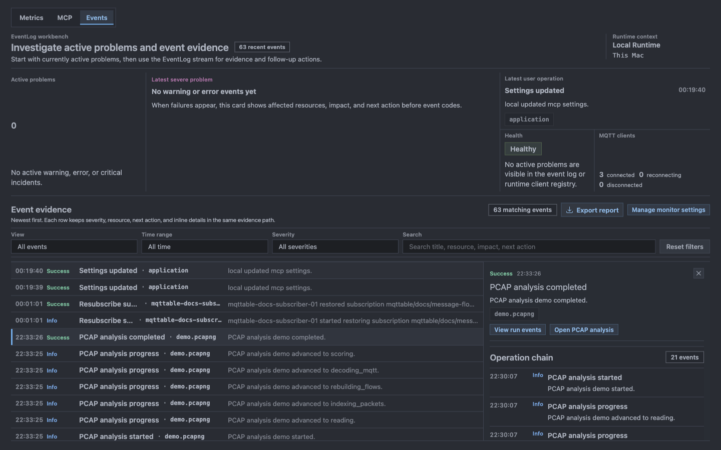 Mqttable Monitor Events in One Dark Pro and Zen Mode, showing the status overview, bounded filters, event stream, and selected event inspector