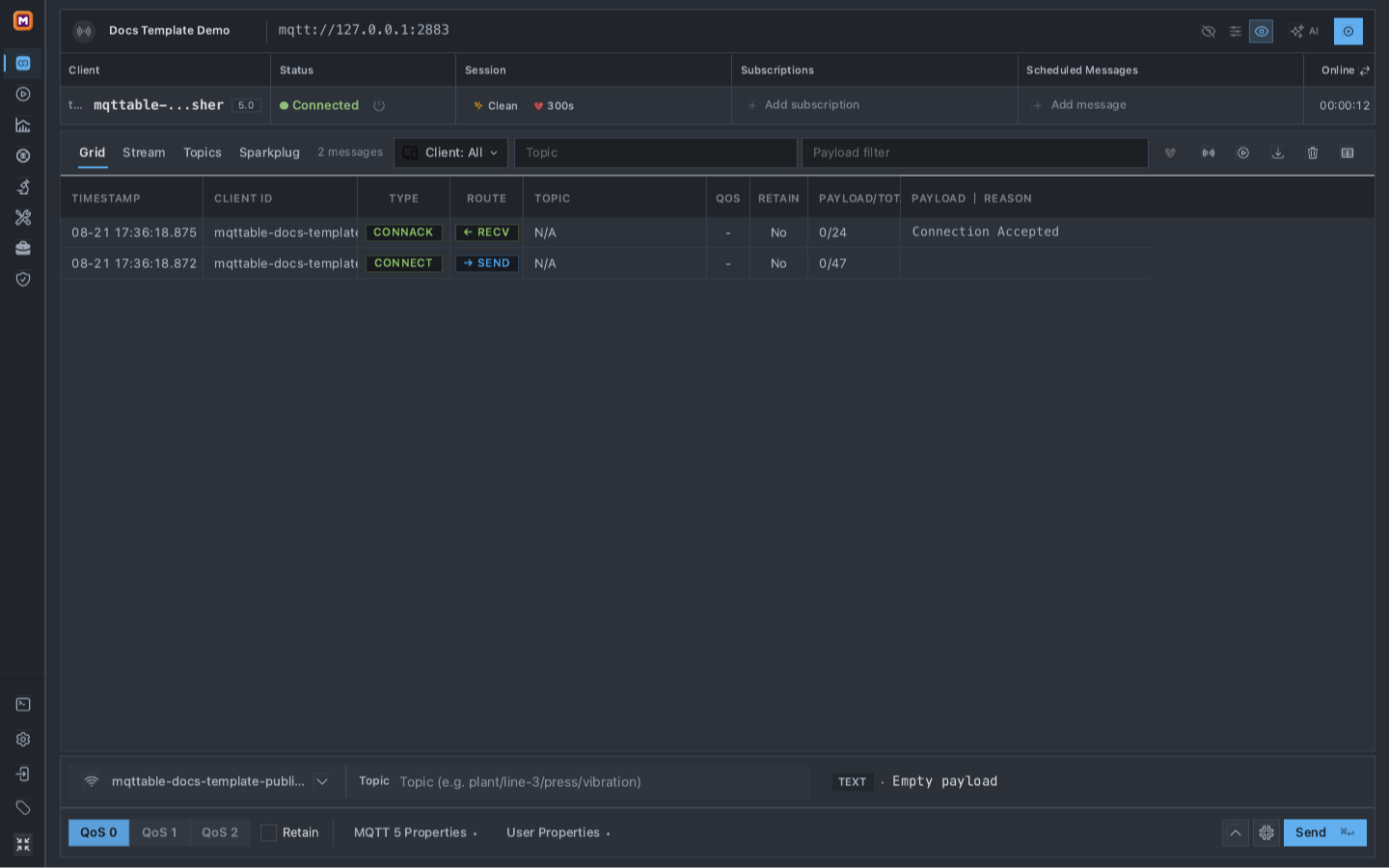 Mqttable Connections workspace showing Docs Template Demo and the connected mqttable-docs-template-publisher Client with empty Subscription and Scheduled Messages columns