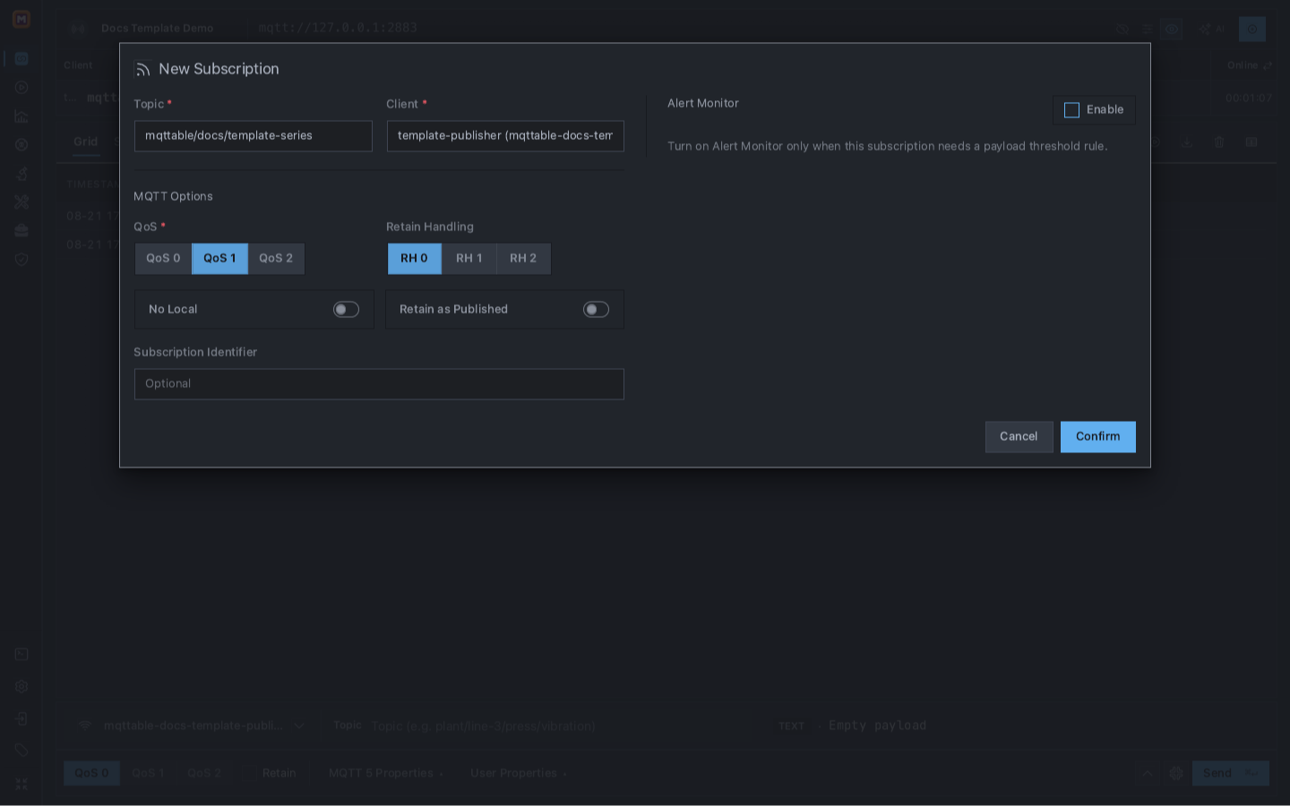 New Subscription dialog for mqttable-docs-template-publisher with mqttable/docs/template-series, QoS 1, RH 0, and No Local disabled