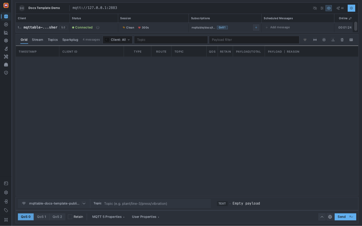 Connected Client row showing the mqttable/docs/template-series QoS 1 Subscription while Scheduled Messages remains empty