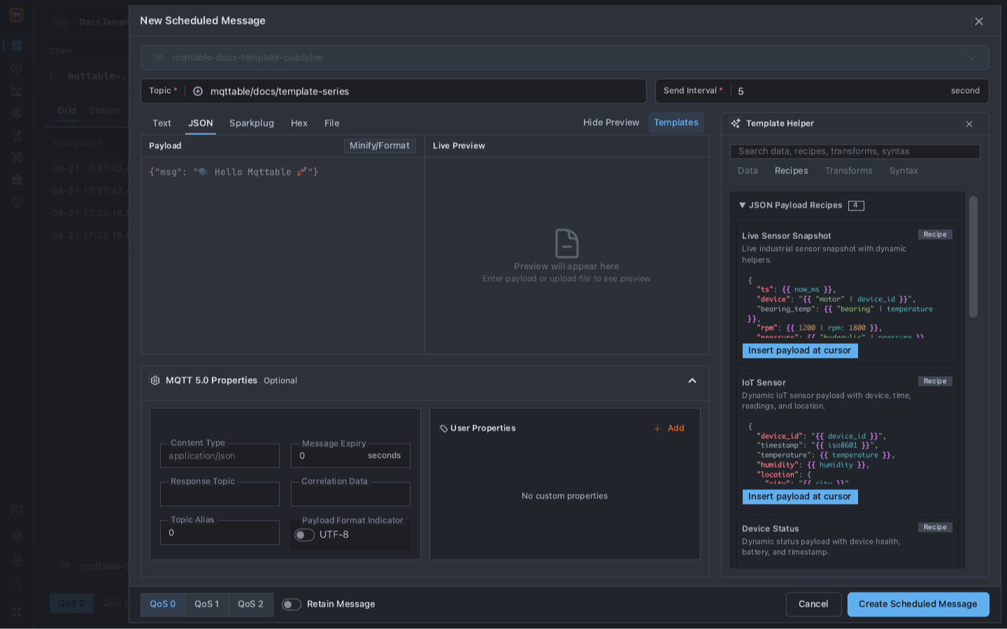 Template Helper opened to Recipes with Live Sensor Snapshot and its Insert payload at cursor action