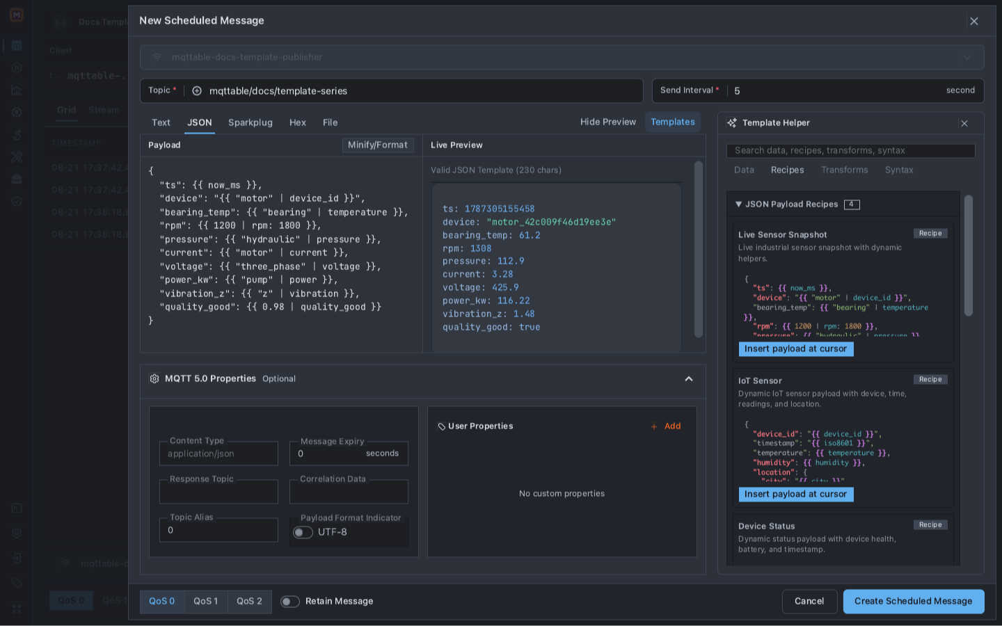 Scheduled JSON editor showing the Live Sensor Snapshot Liquid source, a valid rendered preview, and the Recipe inventory