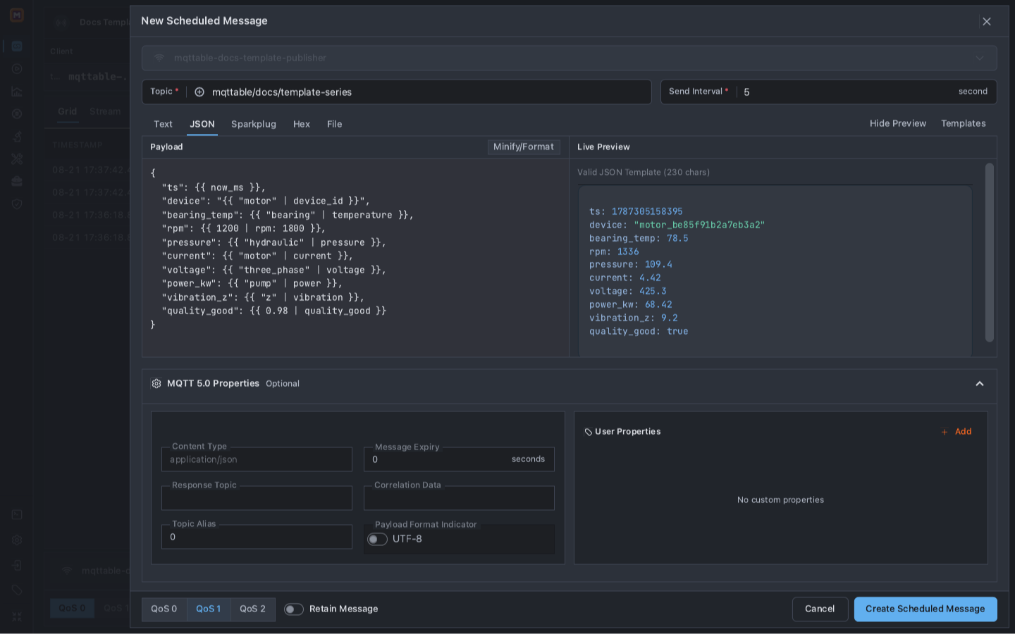 Completed scheduled JSON message with a valid Preview, QoS 1, Retain Message off, and Create Scheduled Message ready