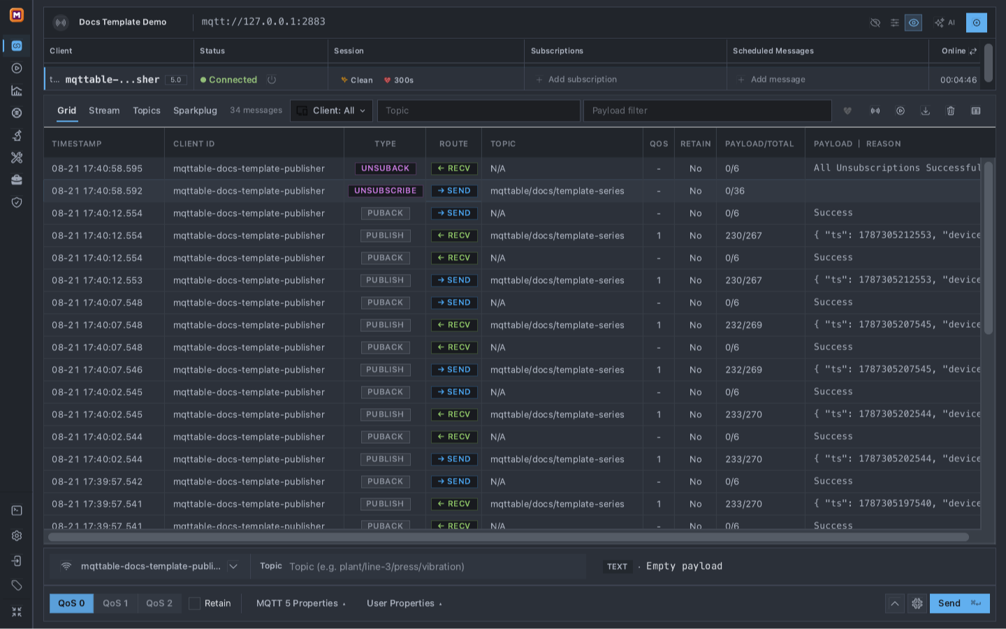 Connected Client row after cleanup with Add subscription and Add message restored, while Trace retains the final UNSUBSCRIBE evidence and earlier generated messages