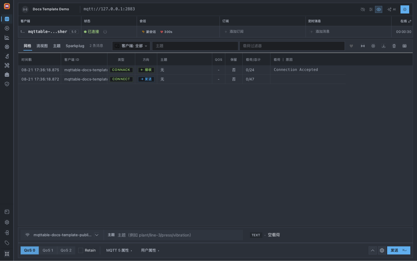 Mqttable 连接工作区显示 Docs Template Demo,以及已连接的 mqttable-docs-template-publisher Client;订阅与定时消息列均为空