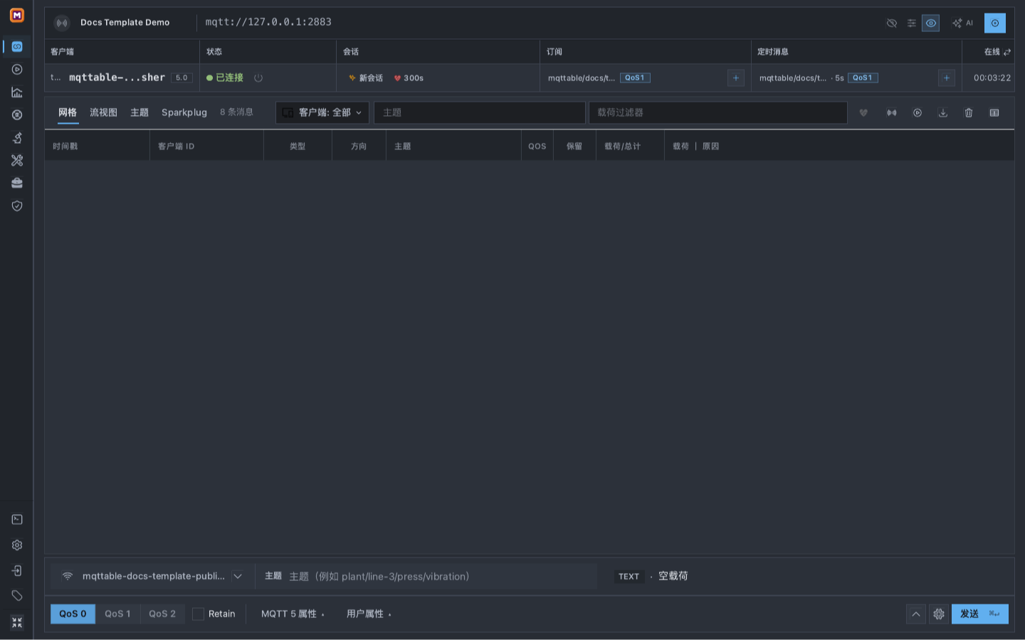 已连接 Client 行同时显示 mqttable/docs/template-series 的 QoS 1 Subscription 和每 5 秒执行的 QoS 1 定时消息
