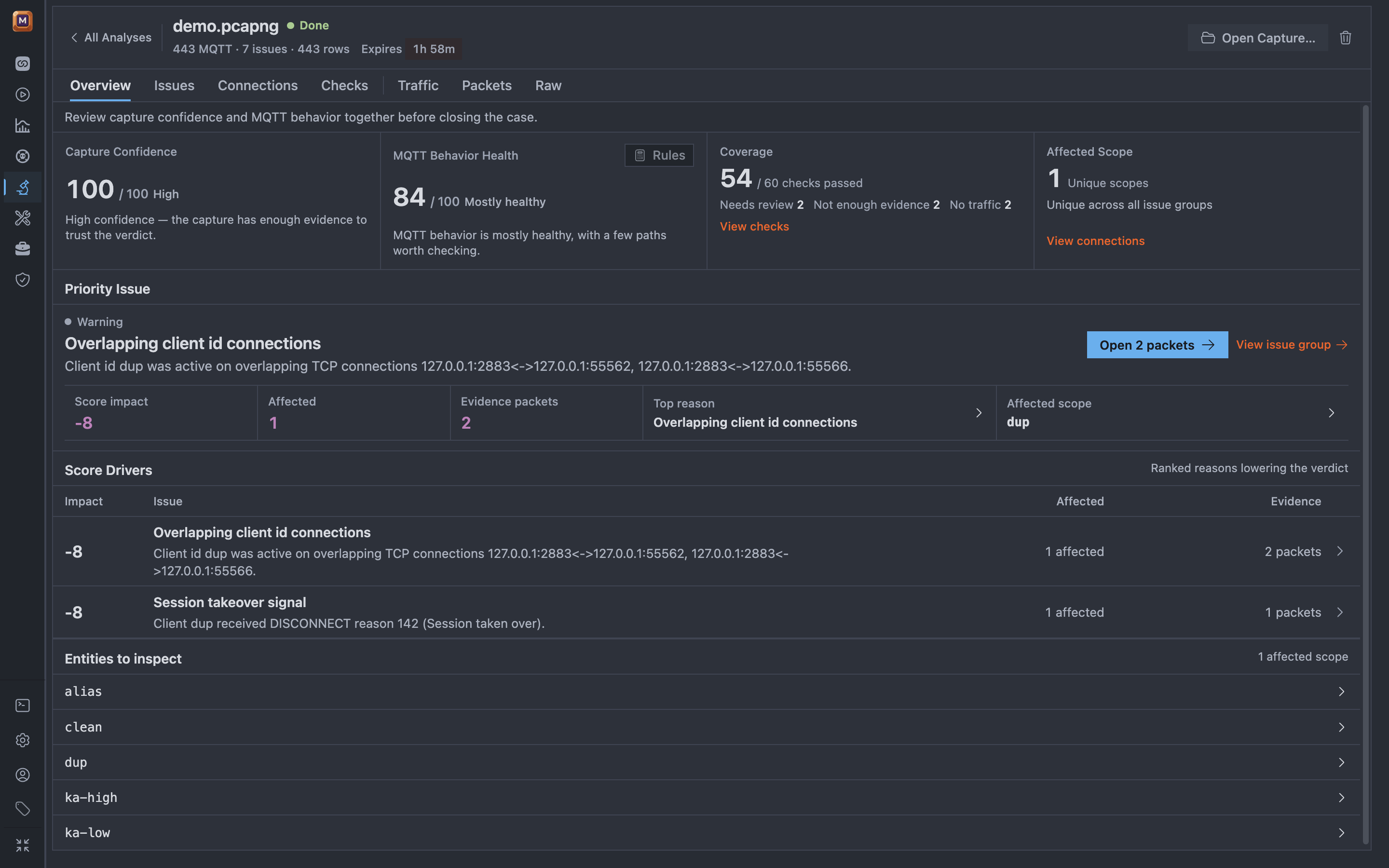 Mqttable PCAP Analysis in One Dark Pro and Zen Mode showing the completed demo analysis, capture confidence, and root-cause evidence