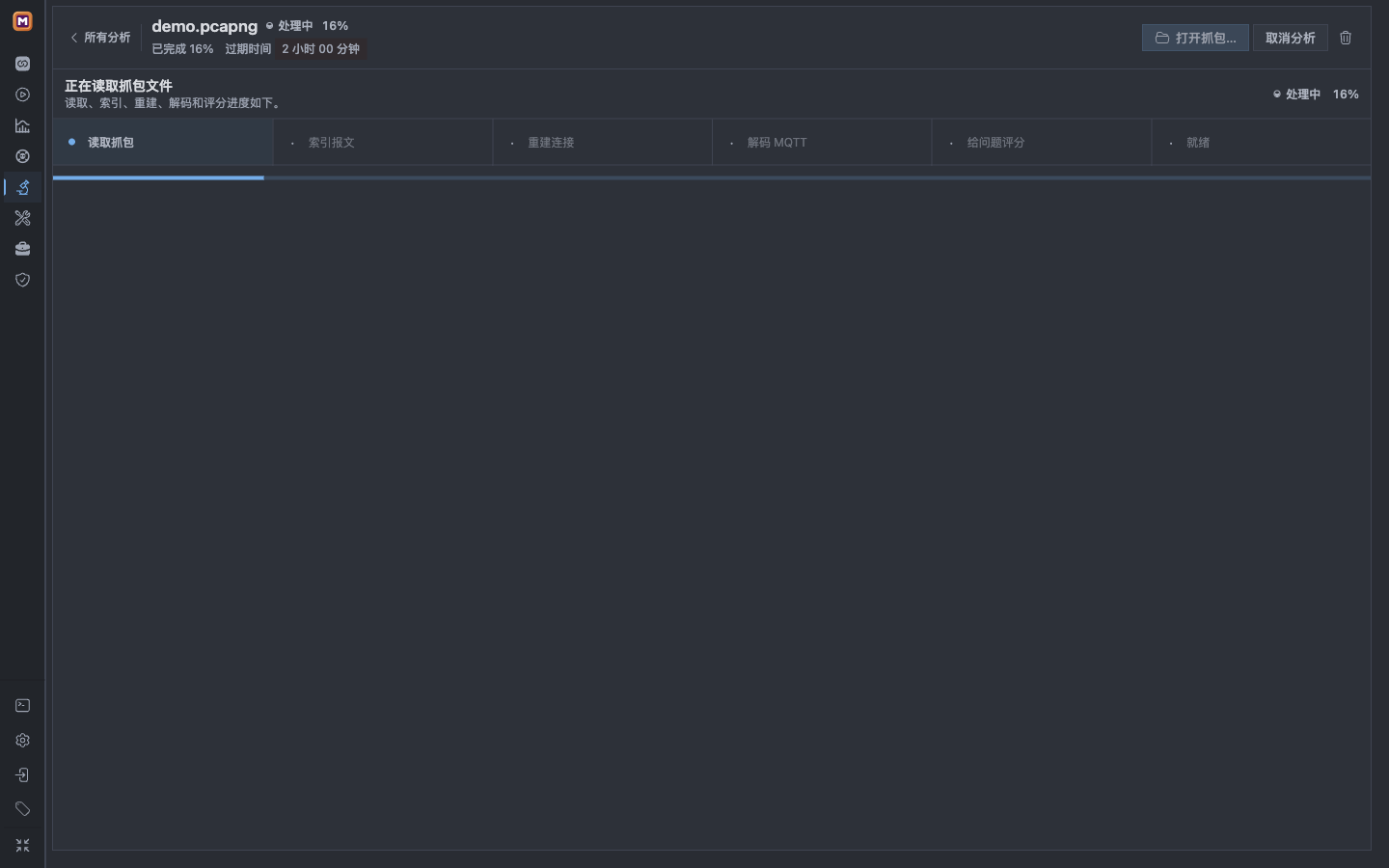 Mqttable 正在处理 demo.pcapng,显示百分比、六个阶段和取消分析操作