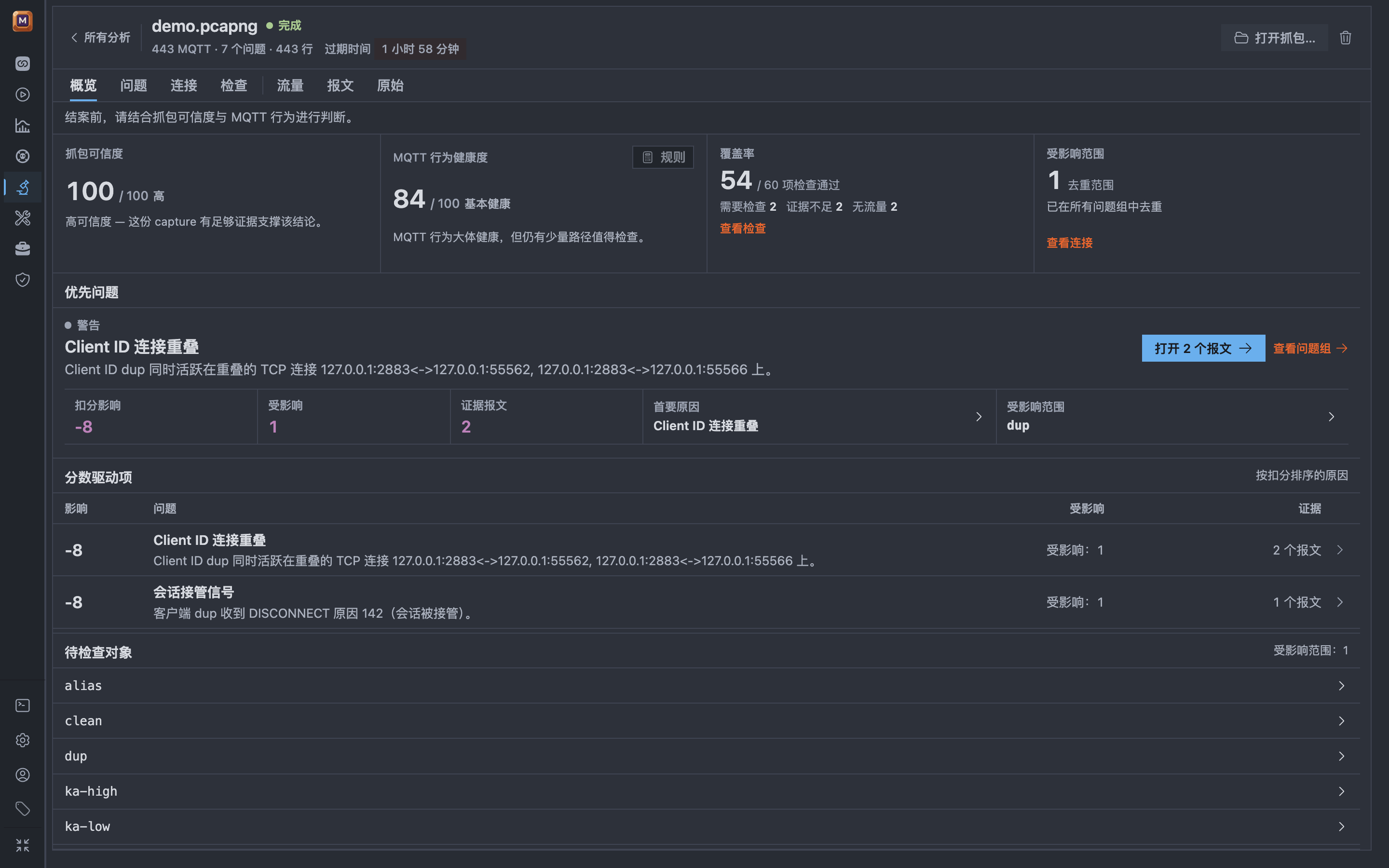 Mqttable 中文 PCAP 分析在 One Dark Pro 与 Zen 模式中显示完成的 Demo 分析、抓包置信度和根因证据