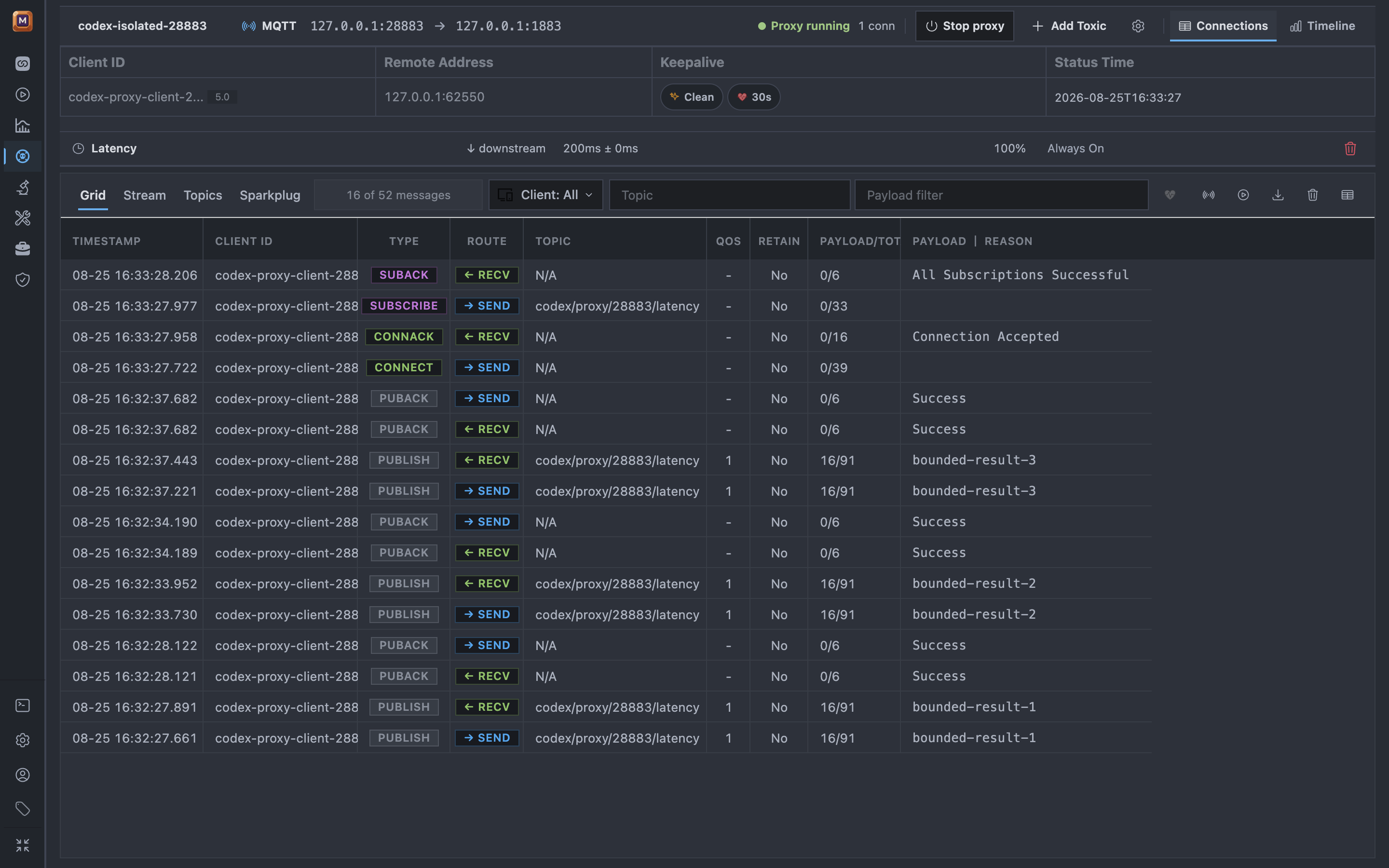 Mqttable Proxy in One Dark Pro and Zen Mode showing one connected test client, an active 200 ms downstream latency toxic, and bounded MQTT traffic