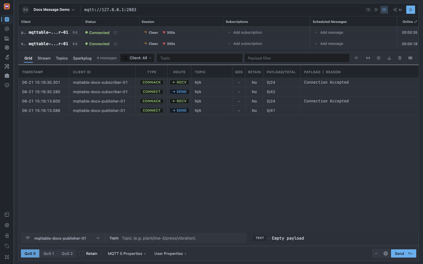 Mqttable Connections in Zen Mode showing the Docs Message Demo Broker and two connected MQTT 5 clients