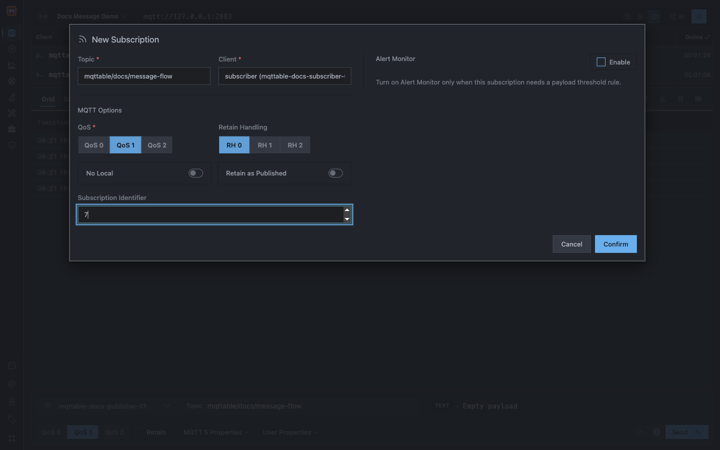 Mqttable New Subscription dialog for subscriber using mqttable/docs/message-flow, QoS 1, RH 0, and identifier 7