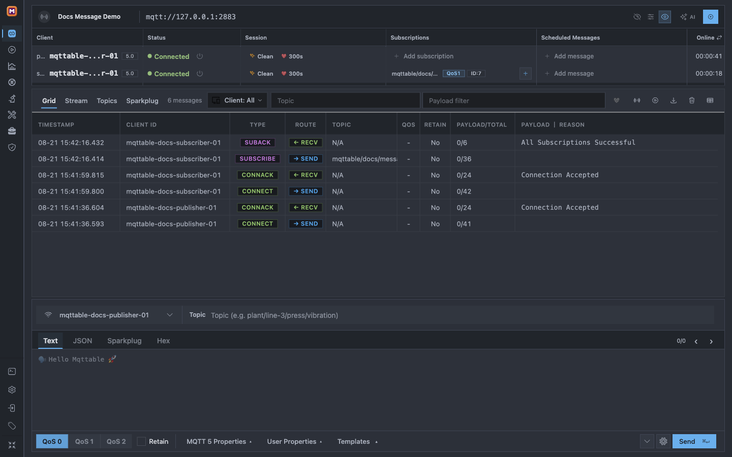 Mqttable showing the subscriber Subscription pill and successful SUBSCRIBE and SUBACK Trace rows