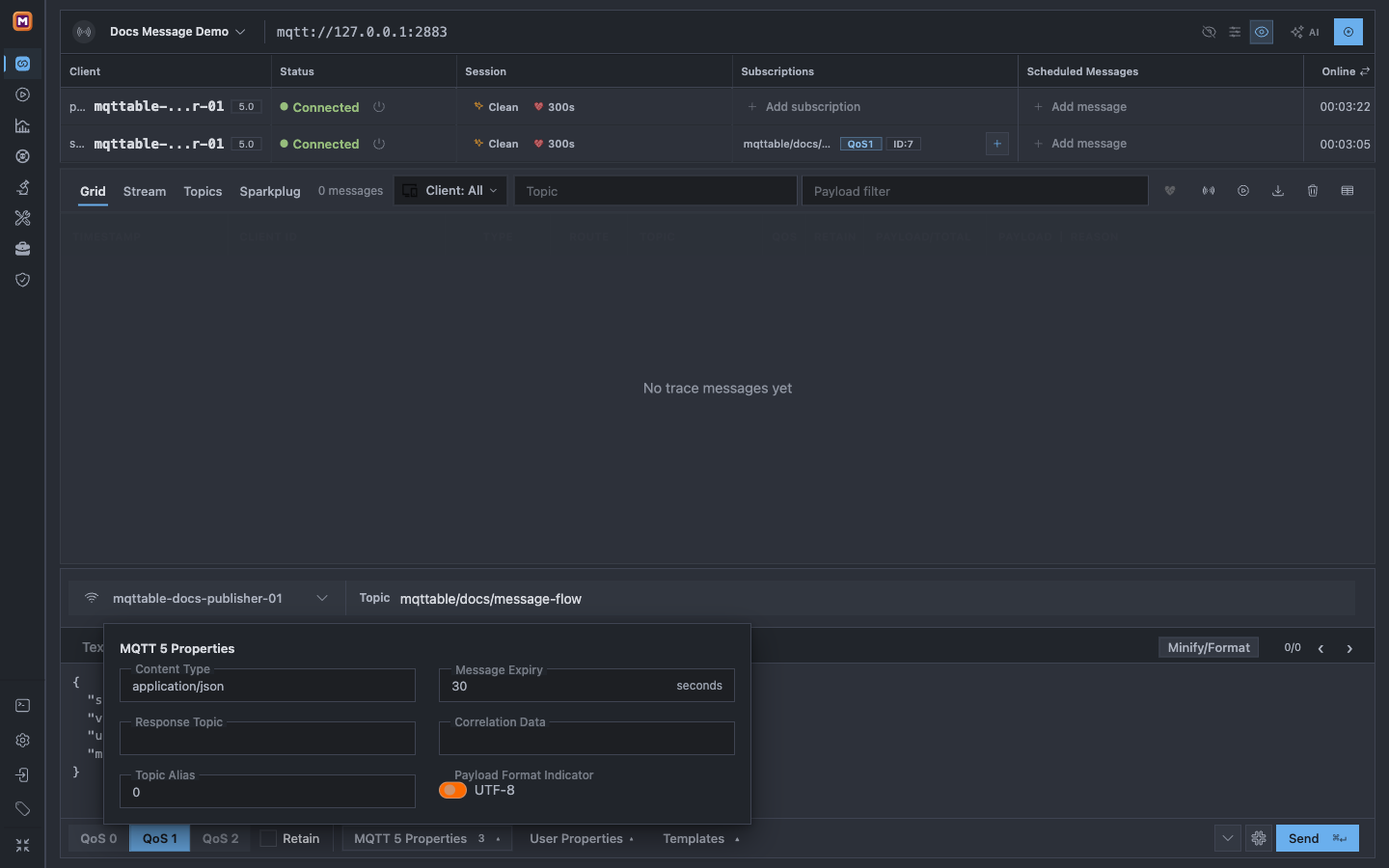 Mqttable Composer MQTT 5 Properties showing application/json, 30-second expiry, and UTF-8 Payload Format
