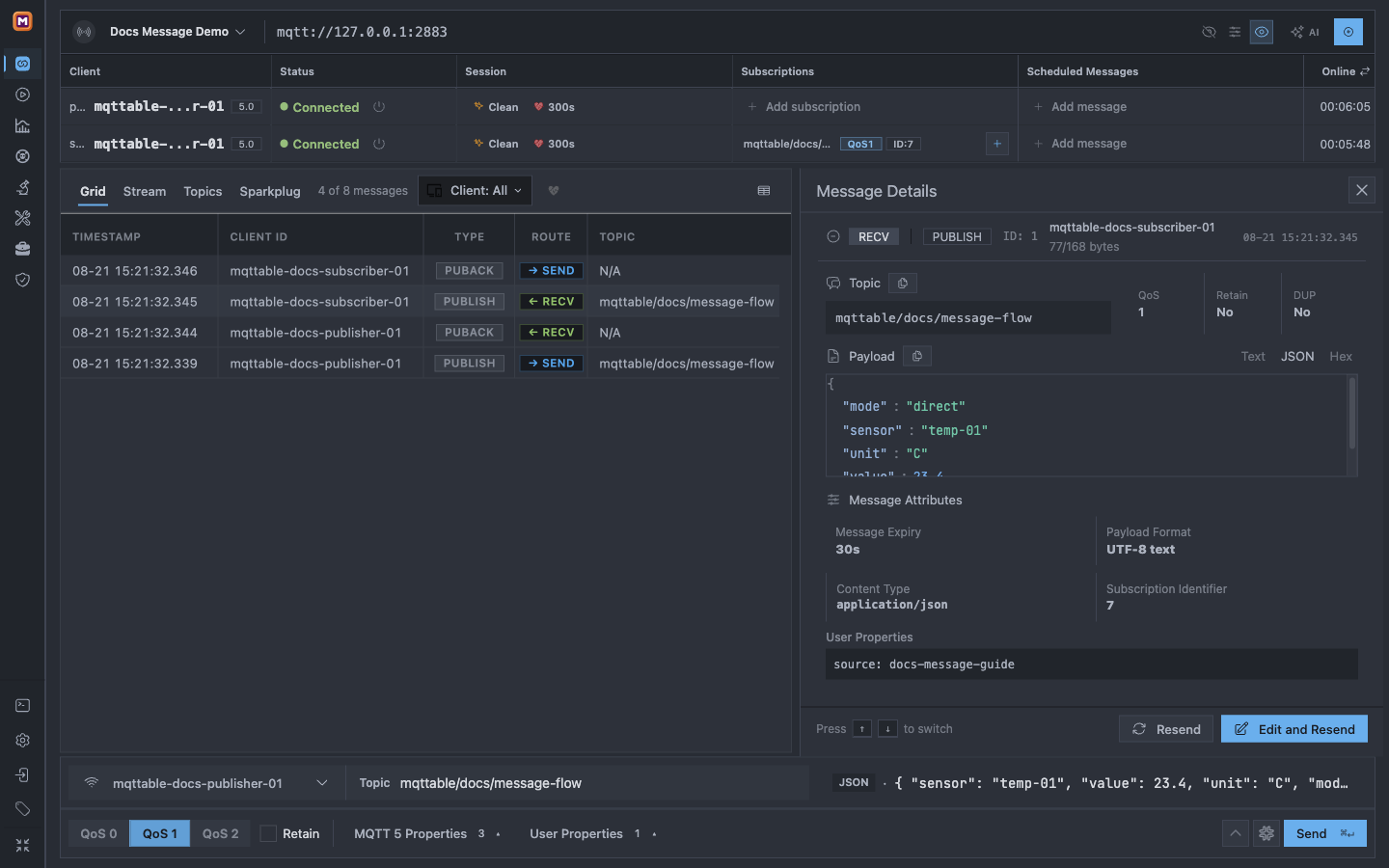 Mqttable Message Details for the received direct PUBLISH showing JSON and MQTT 5 message attributes
