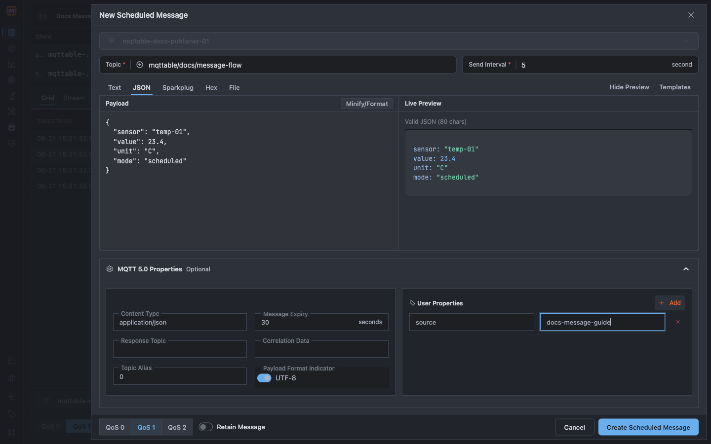 Mqttable New Scheduled Message dialog configured for five-second QoS 1 JSON publishing with MQTT 5 properties