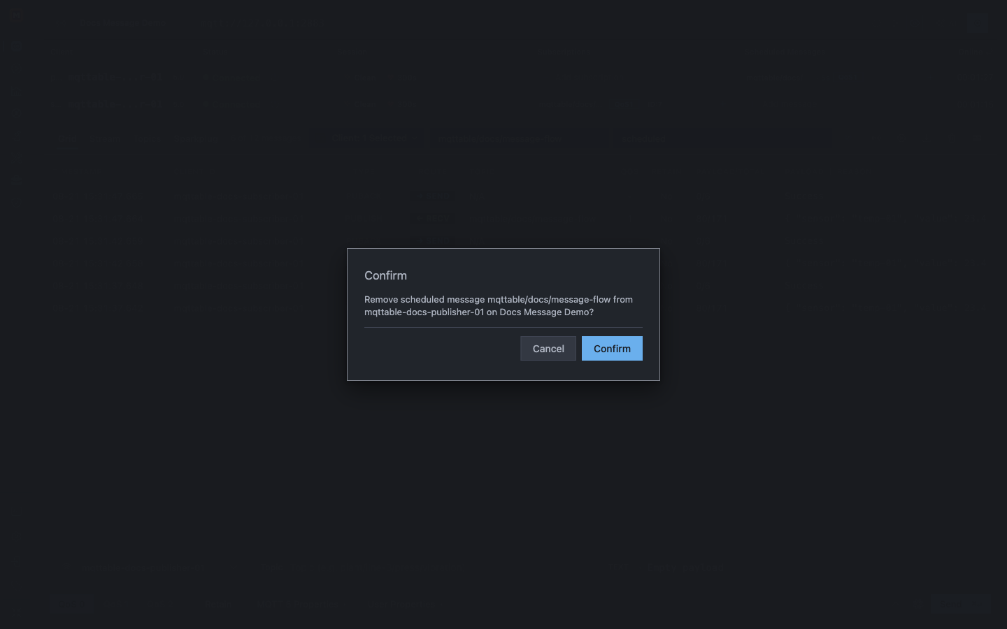 Mqttable confirmation for removing the message-flow schedule from the publisher in Docs Message Demo
