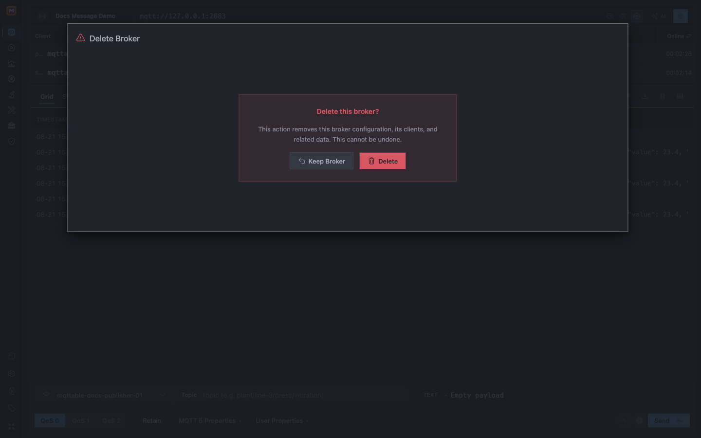 Mqttable Delete Broker confirmation explaining that Docs Message Demo clients and related data will be removed