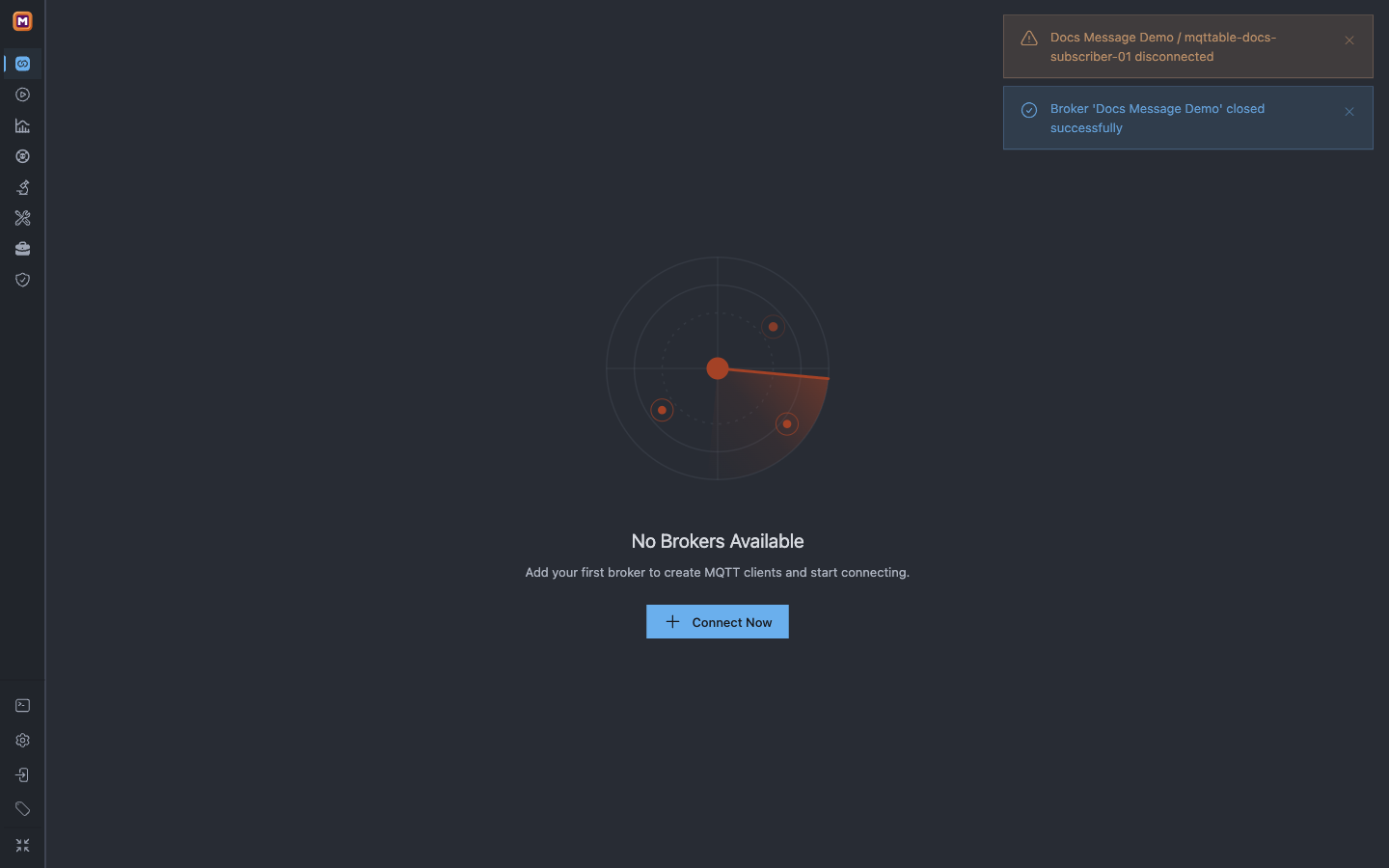 Mqttable Connections after deleting Docs Message Demo, showing No Brokers Available and a successful cleanup notice
