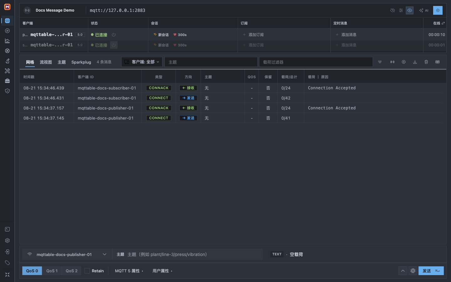 Mqttable Zen 模式下的连接工作区,显示 Docs Message Demo Broker 和两个已连接的 MQTT 5 客户端