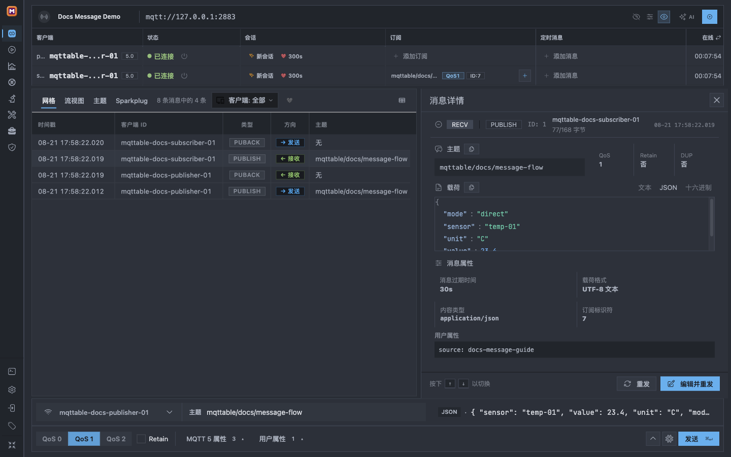 Mqttable 收到的 direct PUBLISH 消息详情,显示 JSON 与 MQTT 5 消息属性