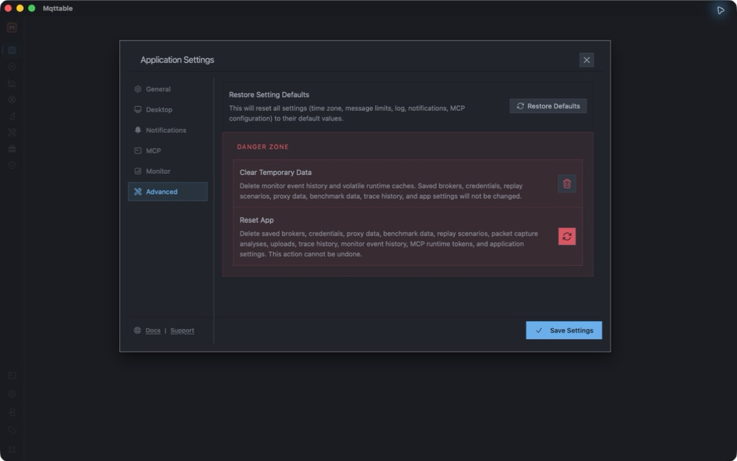 Mqttable Desktop Advanced settings showing Restore Defaults, Clear Temporary Data, and Reset App
