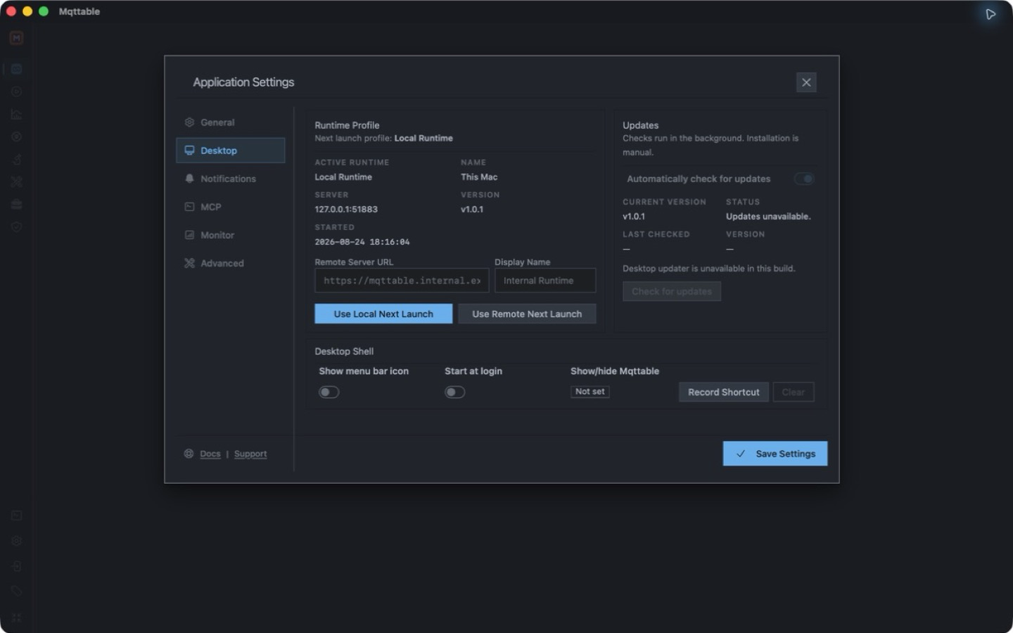 Mqttable Desktop settings showing the Local Runtime profile, updater, startup, menu bar, and shortcut controls